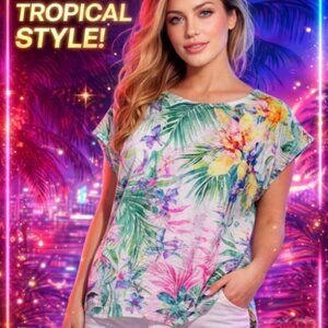 Time and Tru Multicolor Sparkly Short Sleeve Sublimation Blouse Womens Sz Large